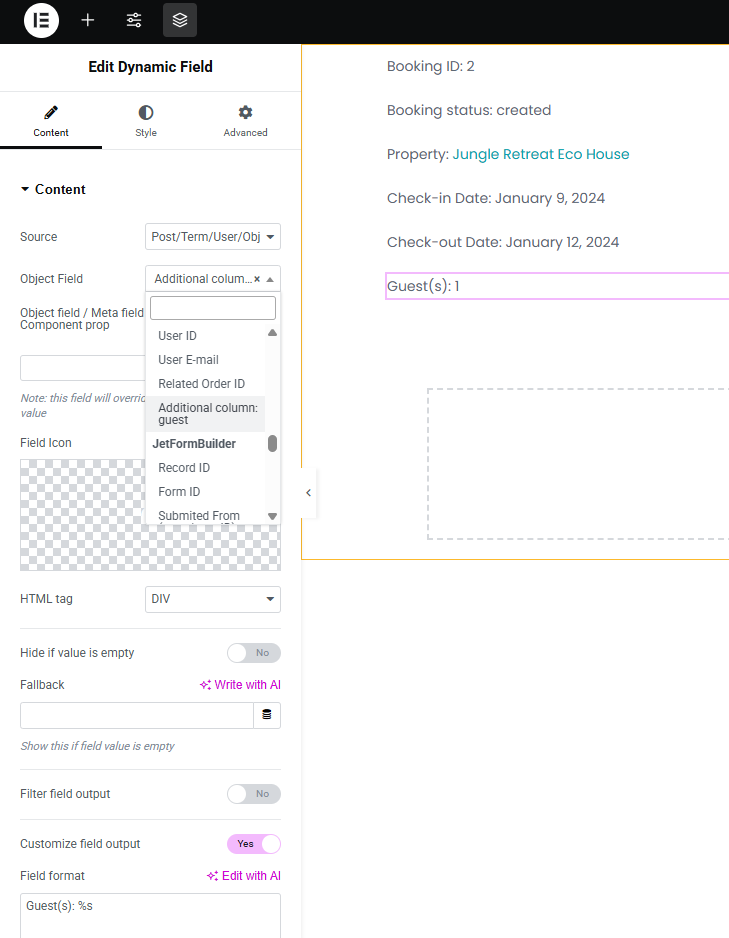 displaying the number of guests in the listing template in the elementor editor