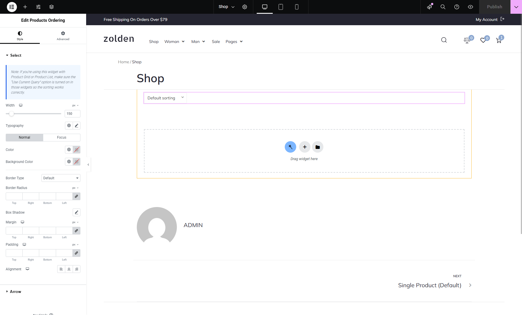 products ordering widget