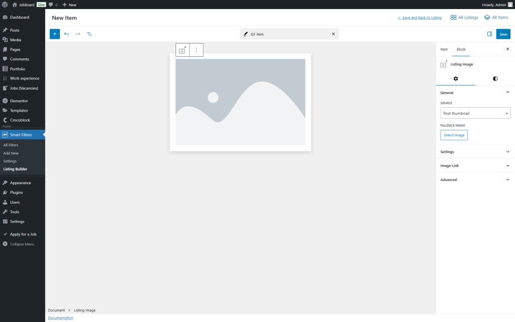 general settings of the listing image block
