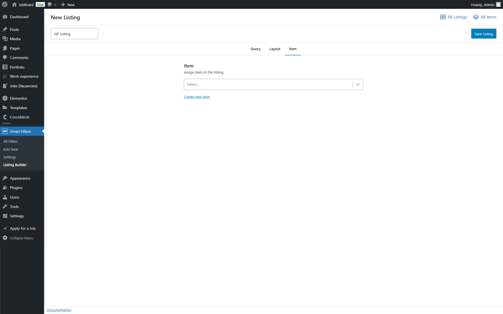 item tab of the new listing