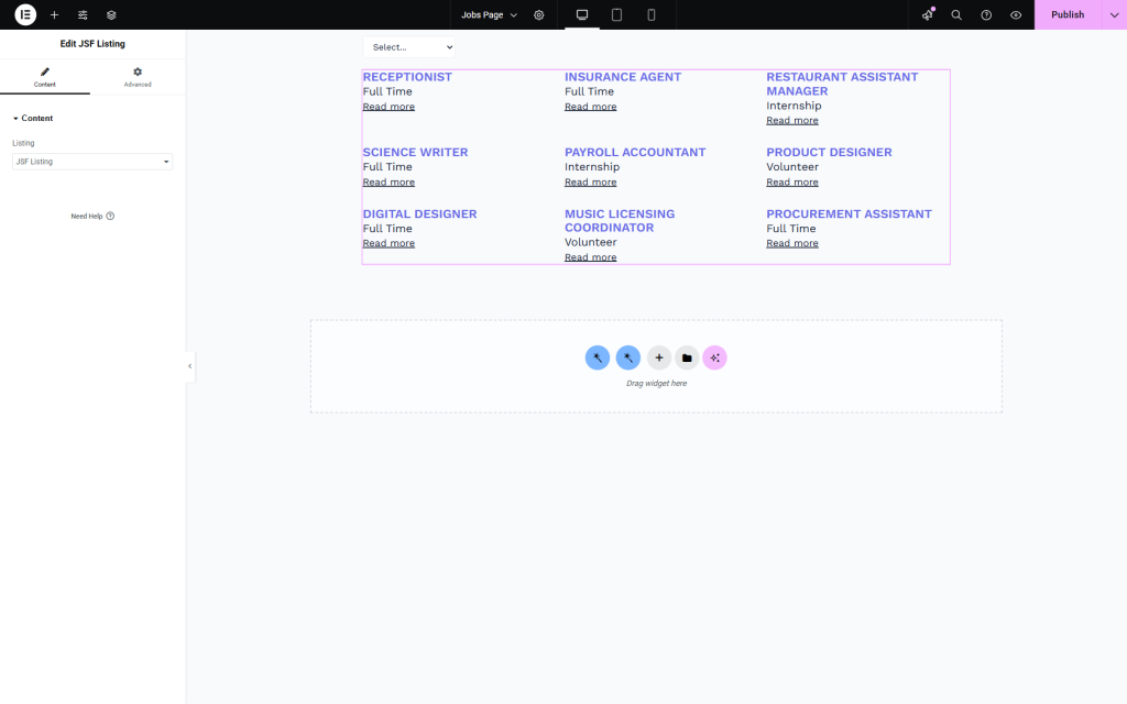 jsf listing widget in the editor