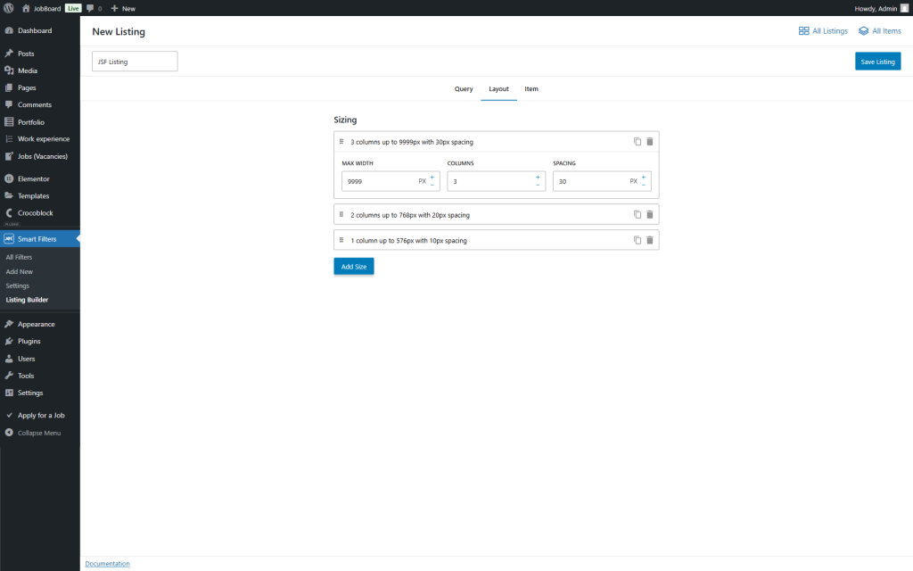 layout tab of the new listing