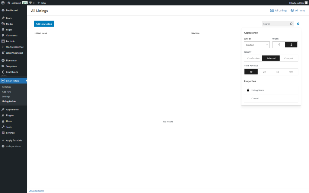 settings button in the listings directory