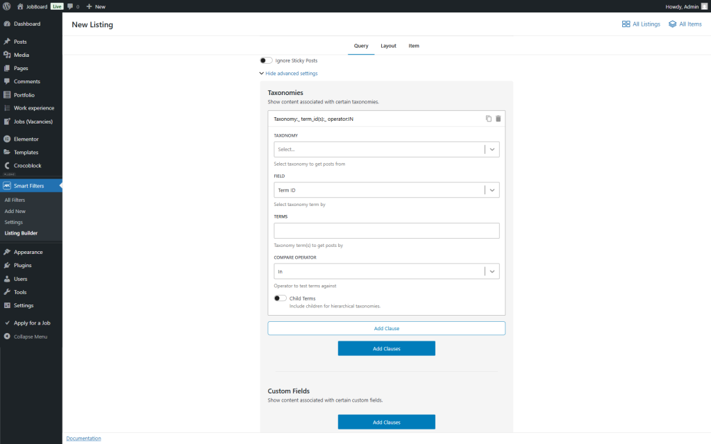 taxonomies section of the advanced settings