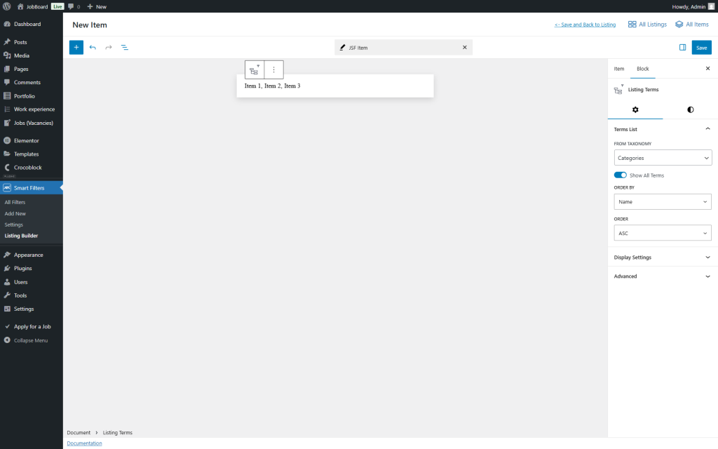terms list settings of the listing terms block