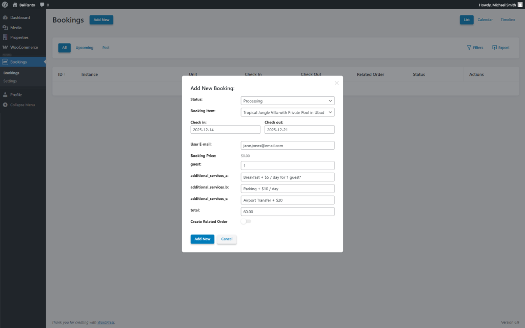 add new booking pop-up