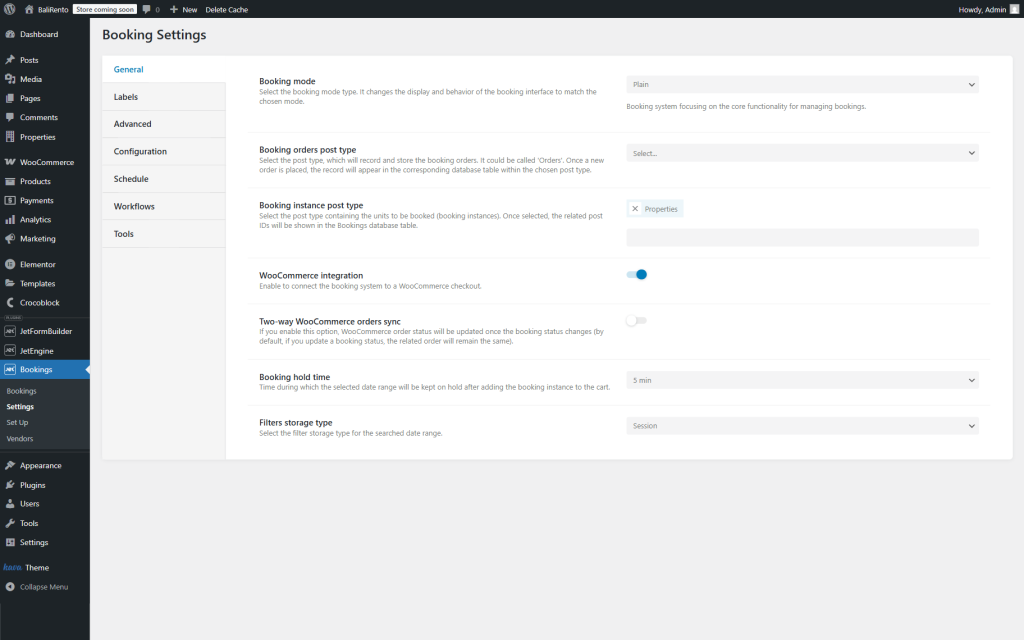 booking settings dashboard