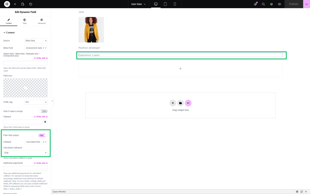 the callback applied to display the user experience