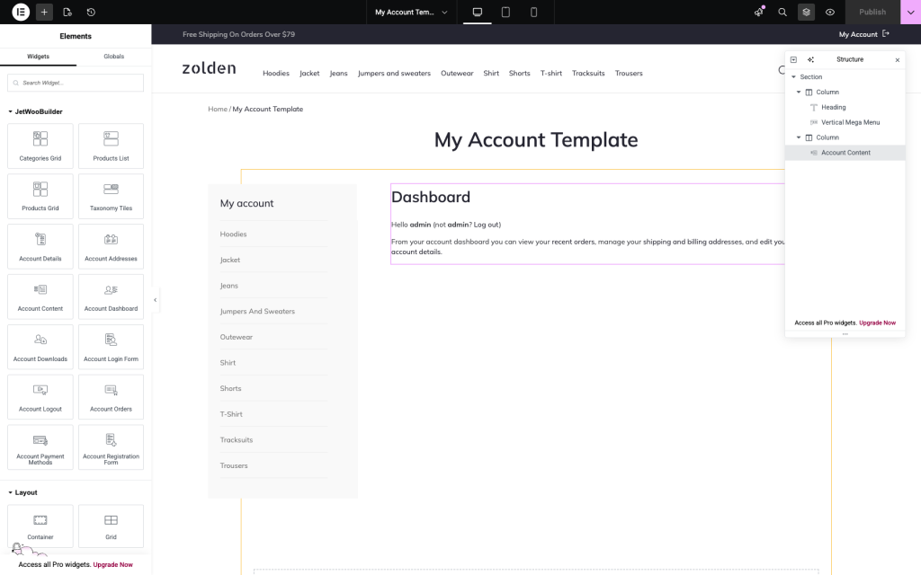 my account page widgets in the Elementor editor