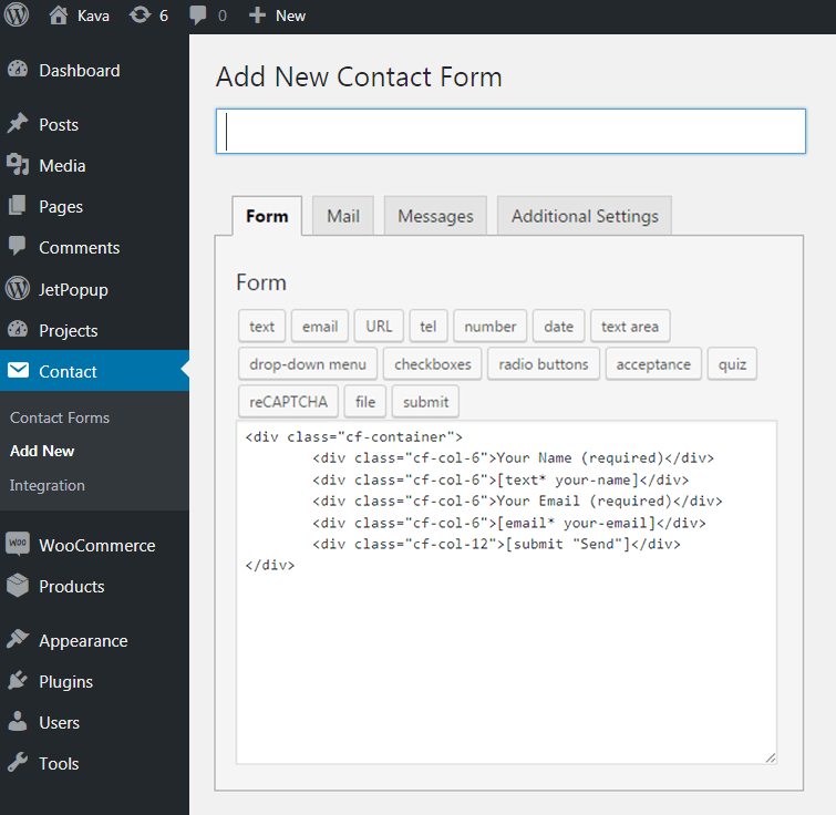 paste custom html code into the form content area