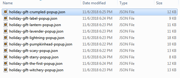 pop-ups list in json format