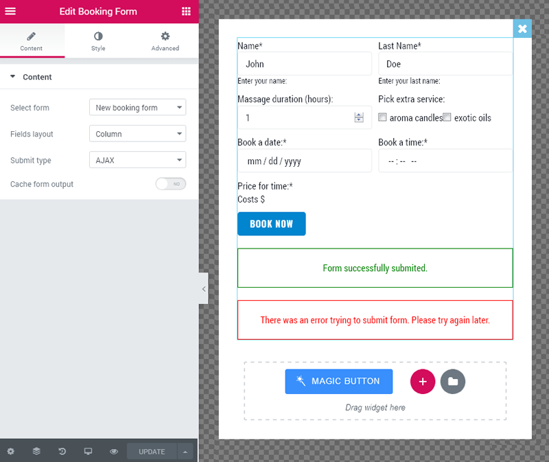 booking form layout in elementor