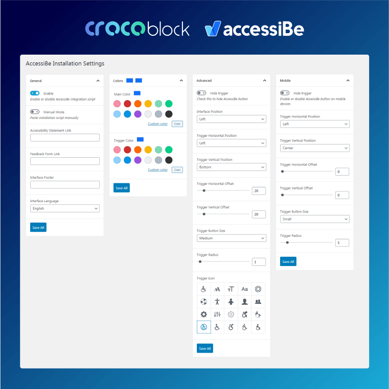 accessiBe customization panel on WordPress dashboard