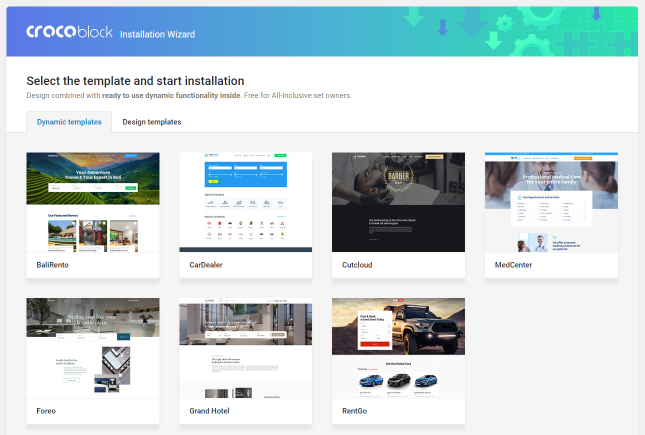 dynamic and design templates tabs in crocoblock installation wizard