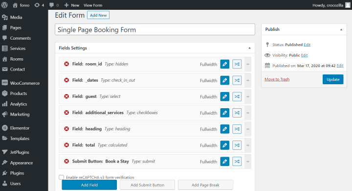 foreo single-page booking form fields in wordpress
