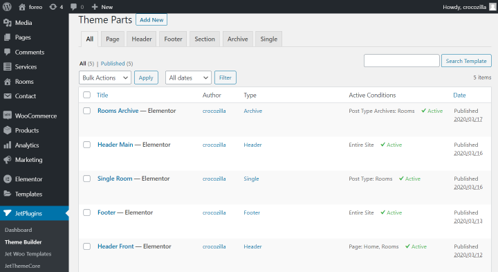 foreo theme parts in wordpress dashboard