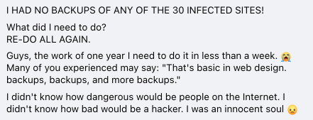 facebook community post by one crocoblock user about no-backup issues