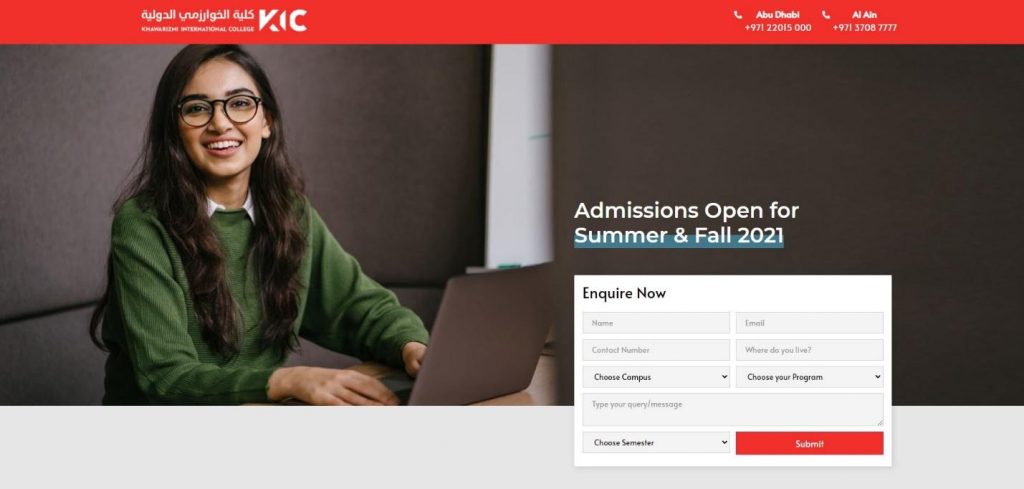 A College landing page in English