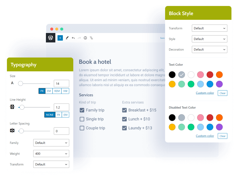 JetStyleManager typography and block style settings