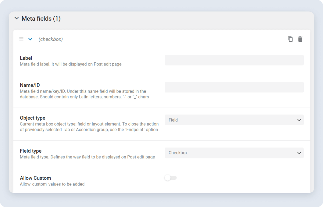 Checkbox meta field setup
