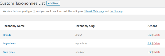 custom taxonomies list