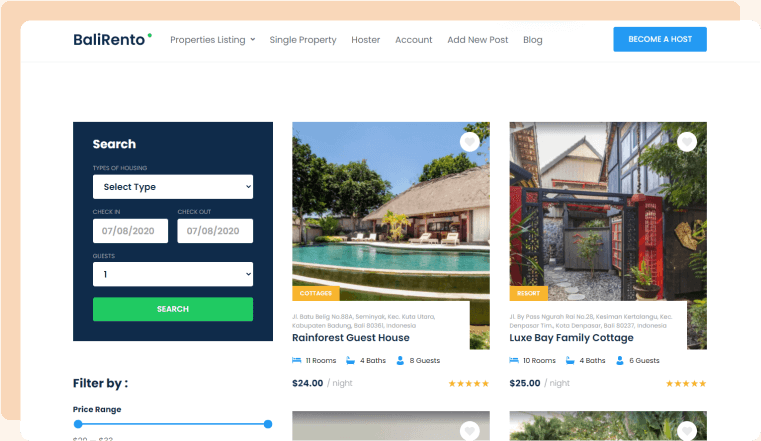 vacation rental website. property catalog page