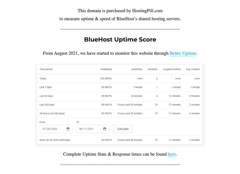 BlueHost test site results for uptime score