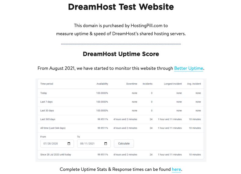 DreamHost test site results for uptime score