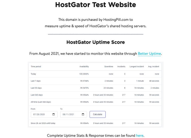 HostGator test site results for uptime score