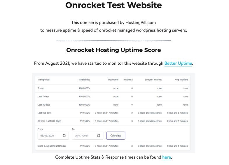 Rocket test site results for uptime score