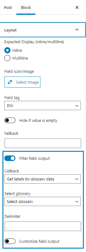 dynamic field widget and glossary feature