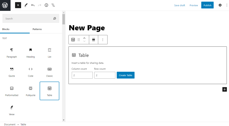 adding a WordPress table to the page