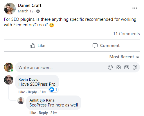 seopress mentioning comments in the crocoblock Facebook community
