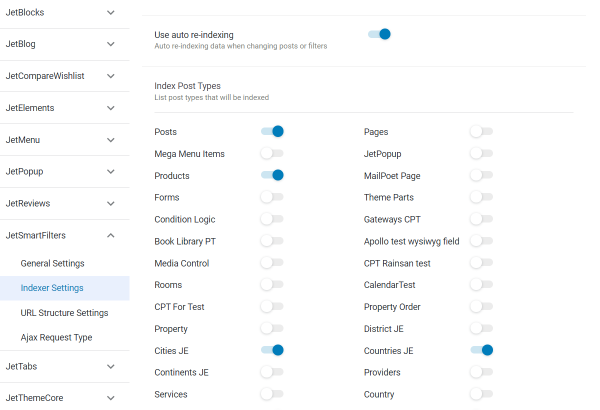 index post types section in the indexer settings