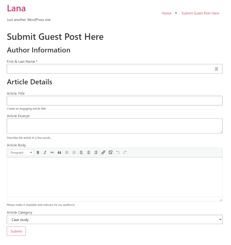 wordpress guest post form example