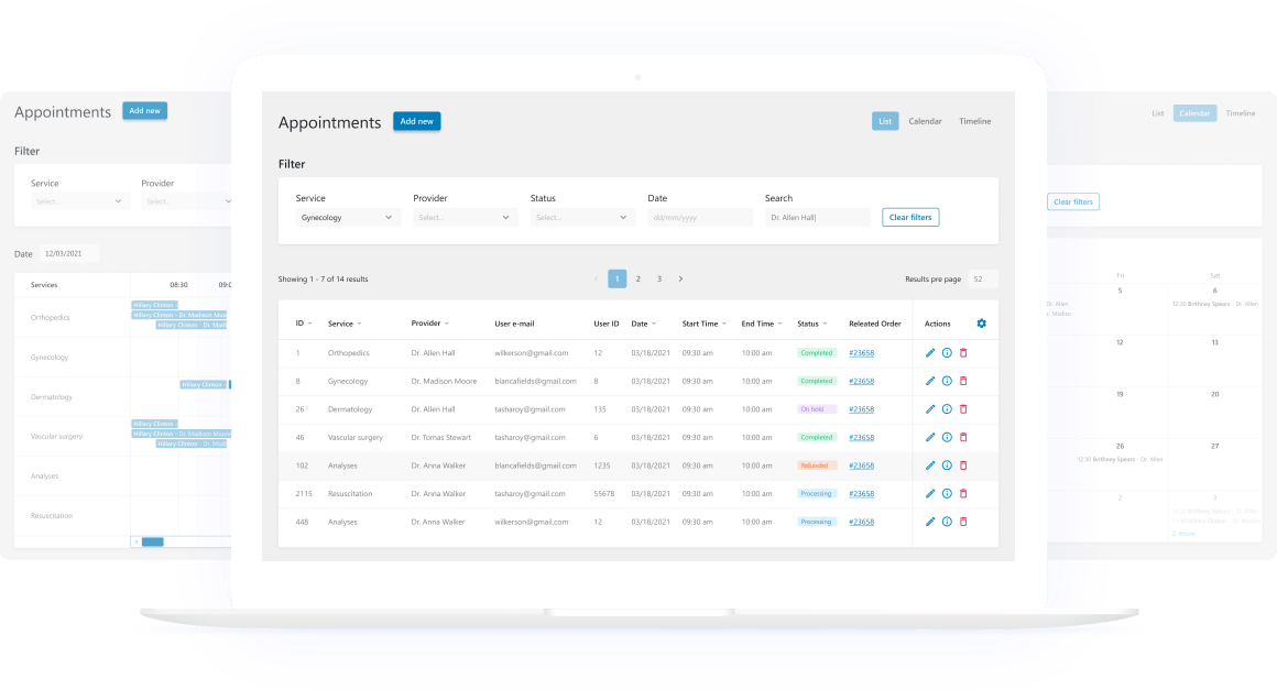 appointments dashboard list, calendar, and timeline views