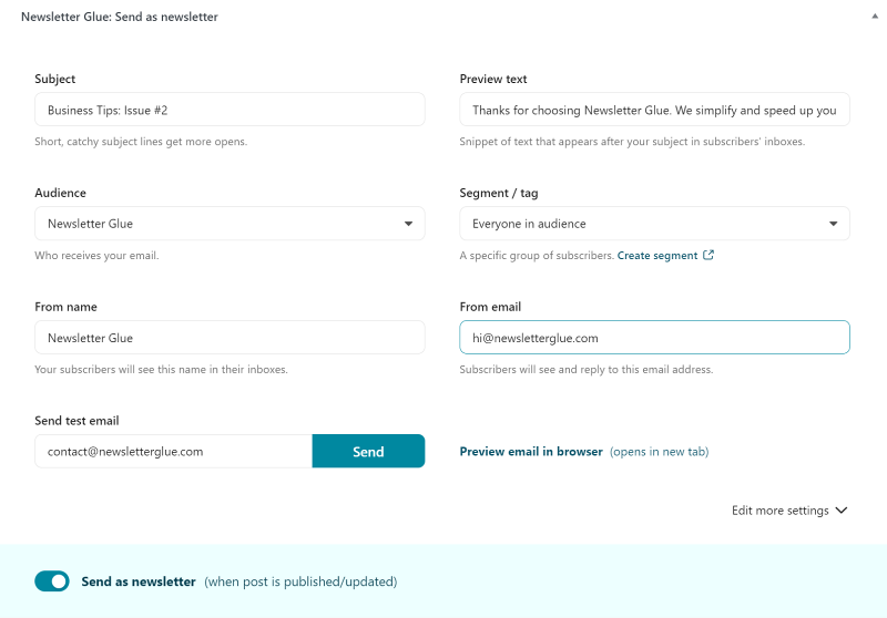 Send as newsletter settings