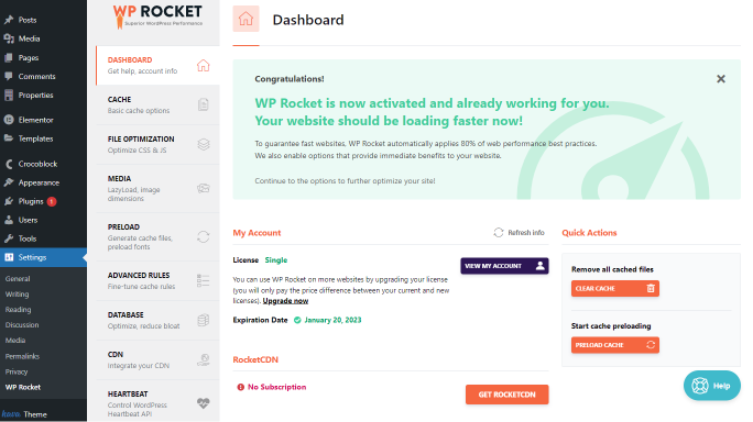 wp rocket dashboard