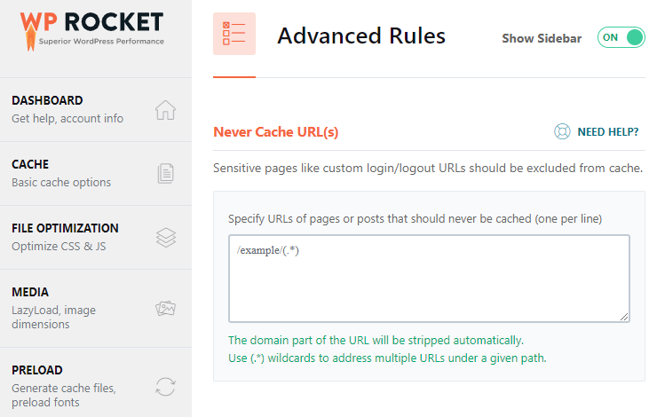 advanced rules in wp rocket dashboard