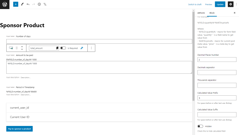 calculated field formula in the sponsor product form