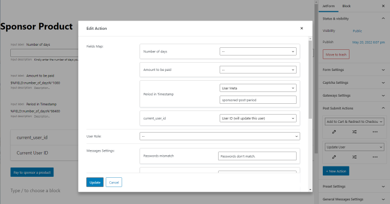 configuring the update user post submit action