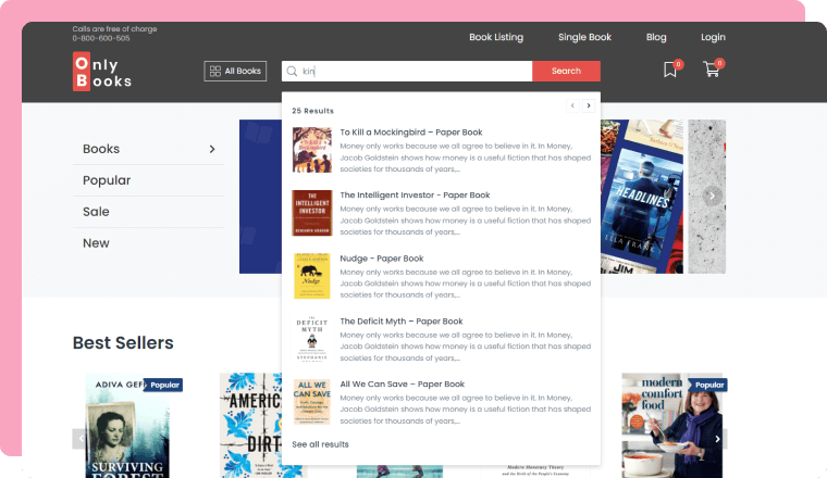 live search functionality on a bookstore website