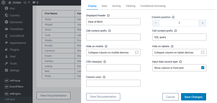 wpdatatables column settings