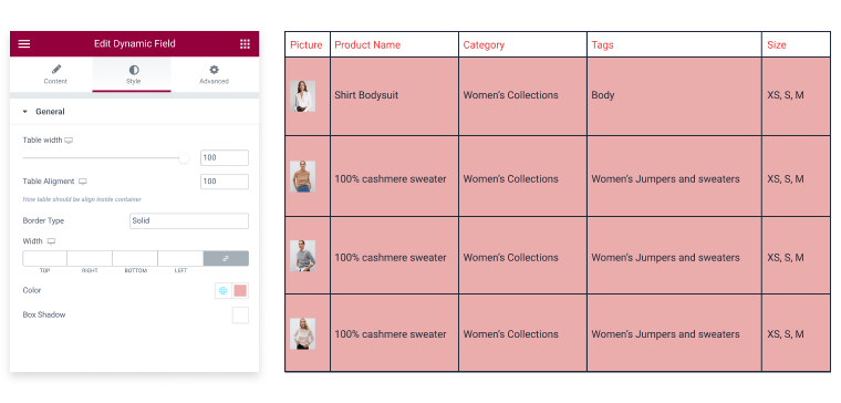 dynamic table widget in elementor