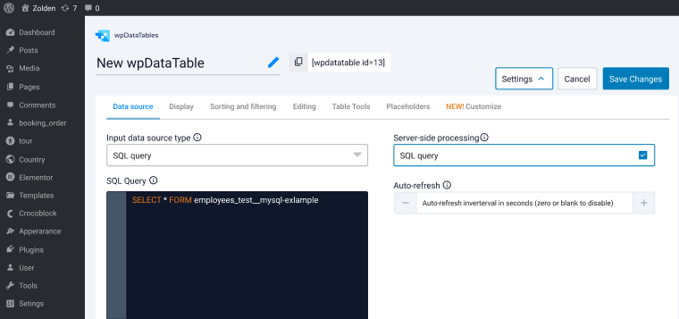 wpdatatables SQL table