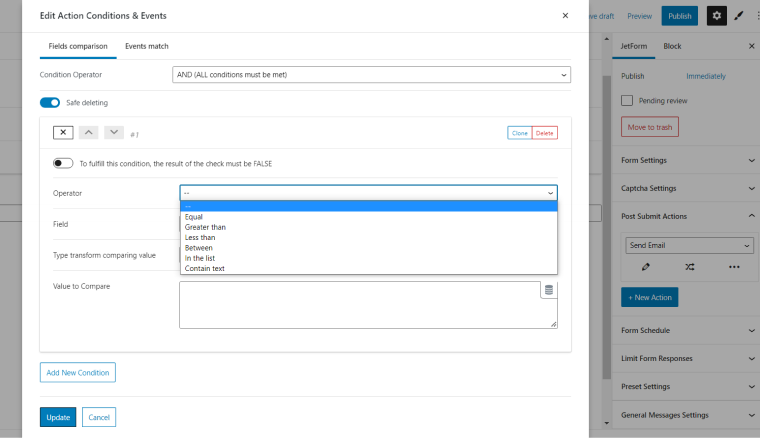 Conditional actions WordPress form