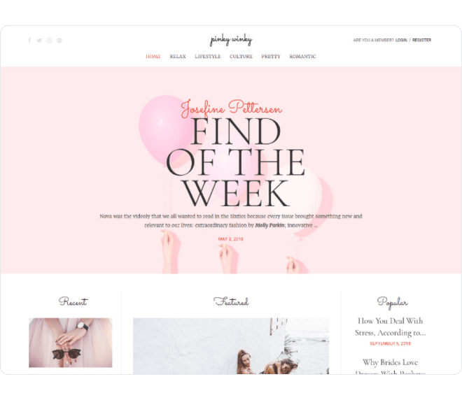 Pinky Winky — women blog Elementor template