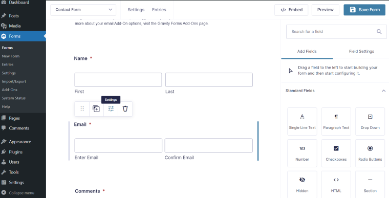 Gravity Forms admin interface