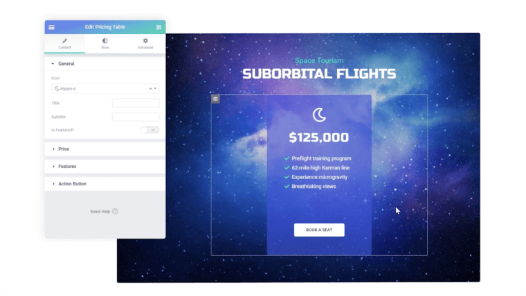 pricing table settings customized in elementor