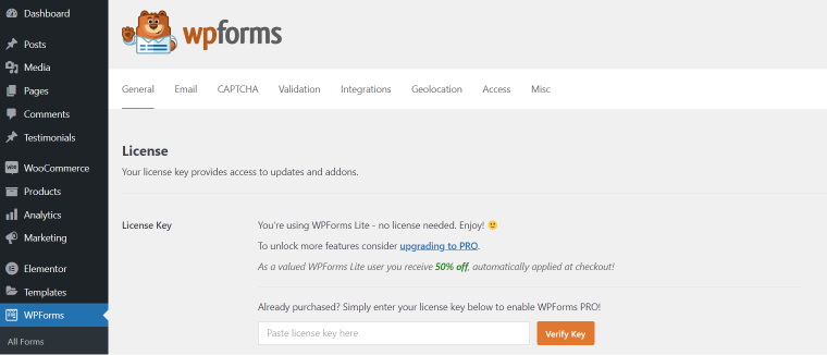 wpforms license activation page